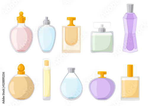 Perfume bottles of different shapes cartoon illustration set. Colorful glass vials or jars of floral womens perfume or luxury fragrance. Cosmetics, scent, aromatherapy, femininity, beauty concept
