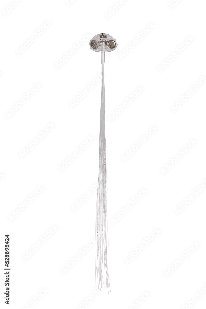 Close-up shot of a silver light hair clip extension. The LED light string for hair with a button is isolated on a white background. Front view.