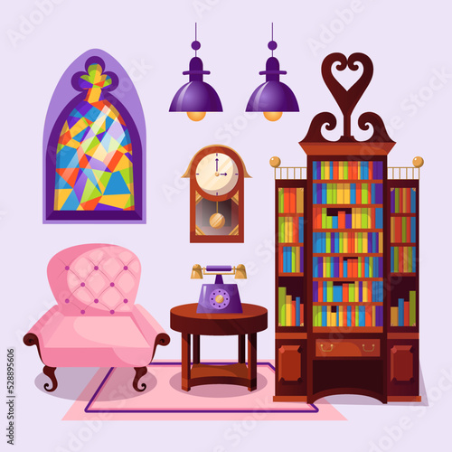 Library interior cartoon illustration set. Soft cozy armchair, rug, wooden cabinet or bookcase with books, wall clock and landline on table. Design, reading area, education concept