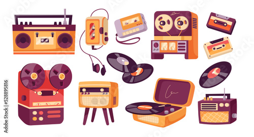 Vintage music players flat vector illustrations set. Collection of cartoon drawings of retro audio devices, radio, cassette and vinyl player, tapes, jukebox on white background. Music, history concept