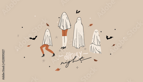 Hand drawn abstract vector graphic clipart illustrations,Halloween holiday costume party adult people characters collection set.Creepy Halloween design poster concept.Happy Halloween contemporary art.