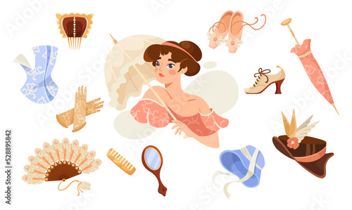 Cartoon woman with vintage accessories vector illustrations set. Lady with umbrella, female clothes elements, fan, gloves, hats isolated on white background. Vintage fashion, 19th century concept