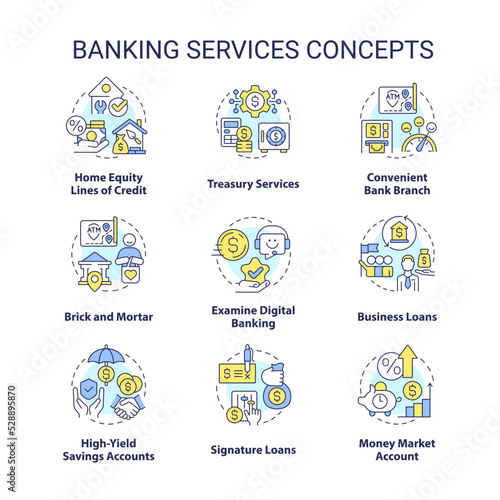 Banking services concept icons set. Financial operations system. Money protection idea thin line color illustrations. Isolated symbols. Editable stroke. Roboto-Medium, Myriad Pro-Bold fonts used