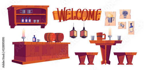 Beerhouse or bar interior cartoon illustration set. Empty western bar with wooden benches, counter and tankards or pint on desk. Design, restaurant, service concept
