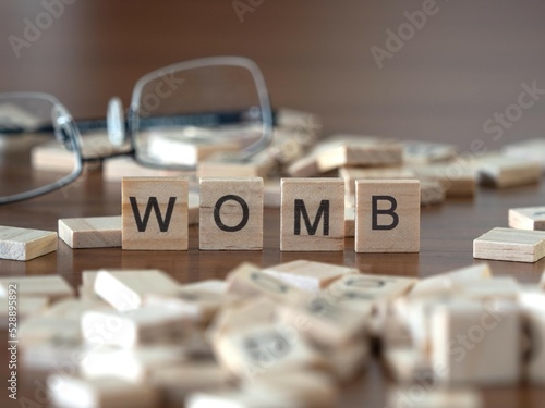 womb word or concept represented by wooden letter tiles on a wooden table with glasses and a book