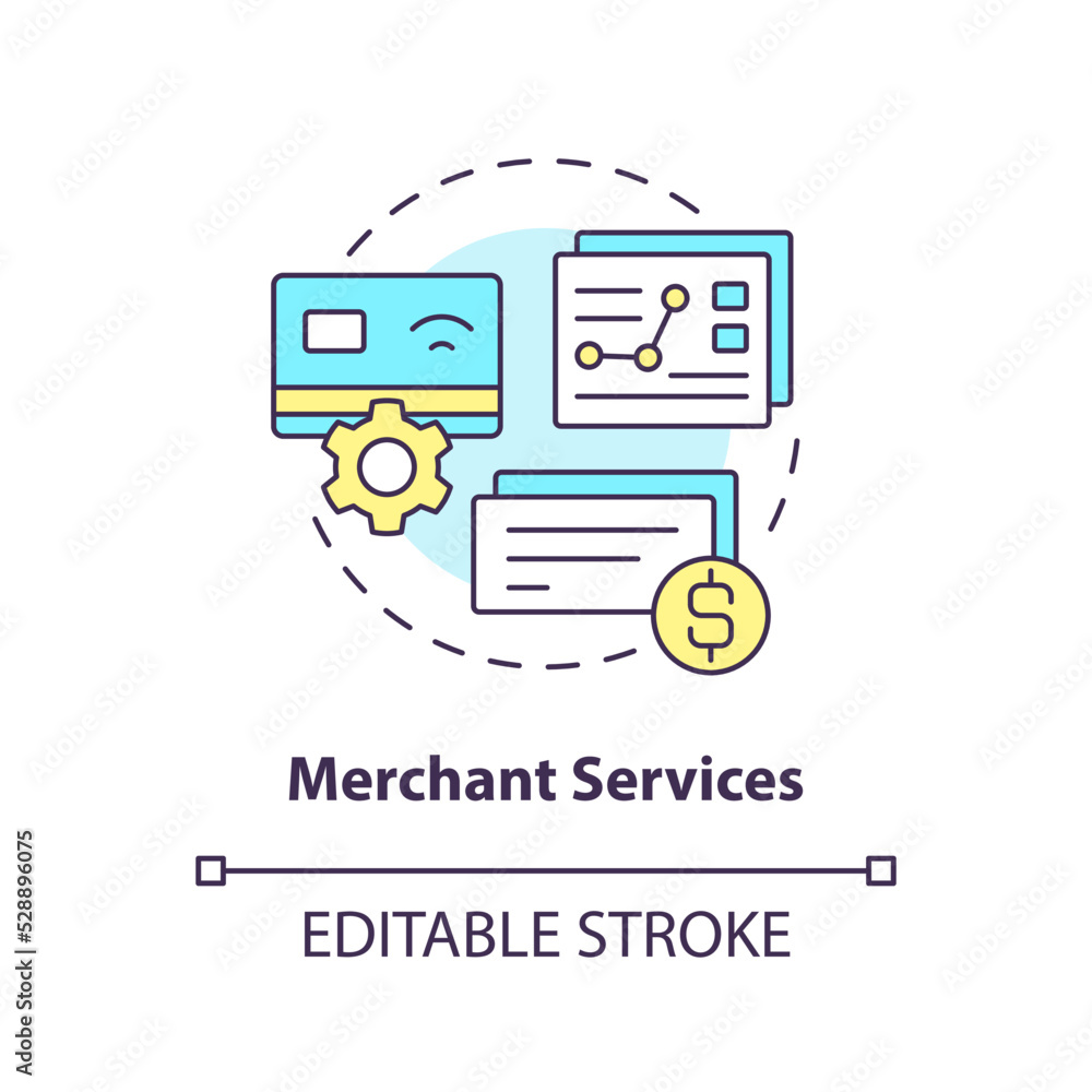 Merchant services concept icon. Credit card processing. Business banking abstract idea thin line illustration. Isolated outline drawing. Editable stroke. Arial, Myriad Pro-Bold fonts used