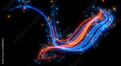 Abstract background. Beautiful colored lines. Magic sparks. Neon swirls. Glow effect. High tech. Sci Fi technology art.