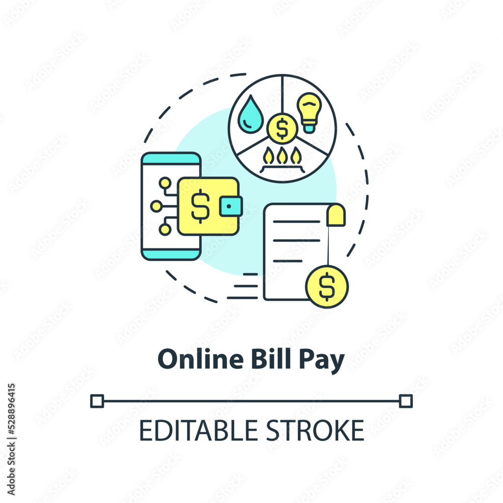 Online bill pay concept icon. Mobile account. Digitization banking abstract idea thin line illustration. Isolated outline drawing. Editable stroke. Arial, Myriad Pro-Bold fonts used Online bill pay concept icon. Mobile account. Digitization banking abstract idea thin line illustration. Isolated outline drawing. Editable stroke. Arial, Myriad Pro-Bold fonts used