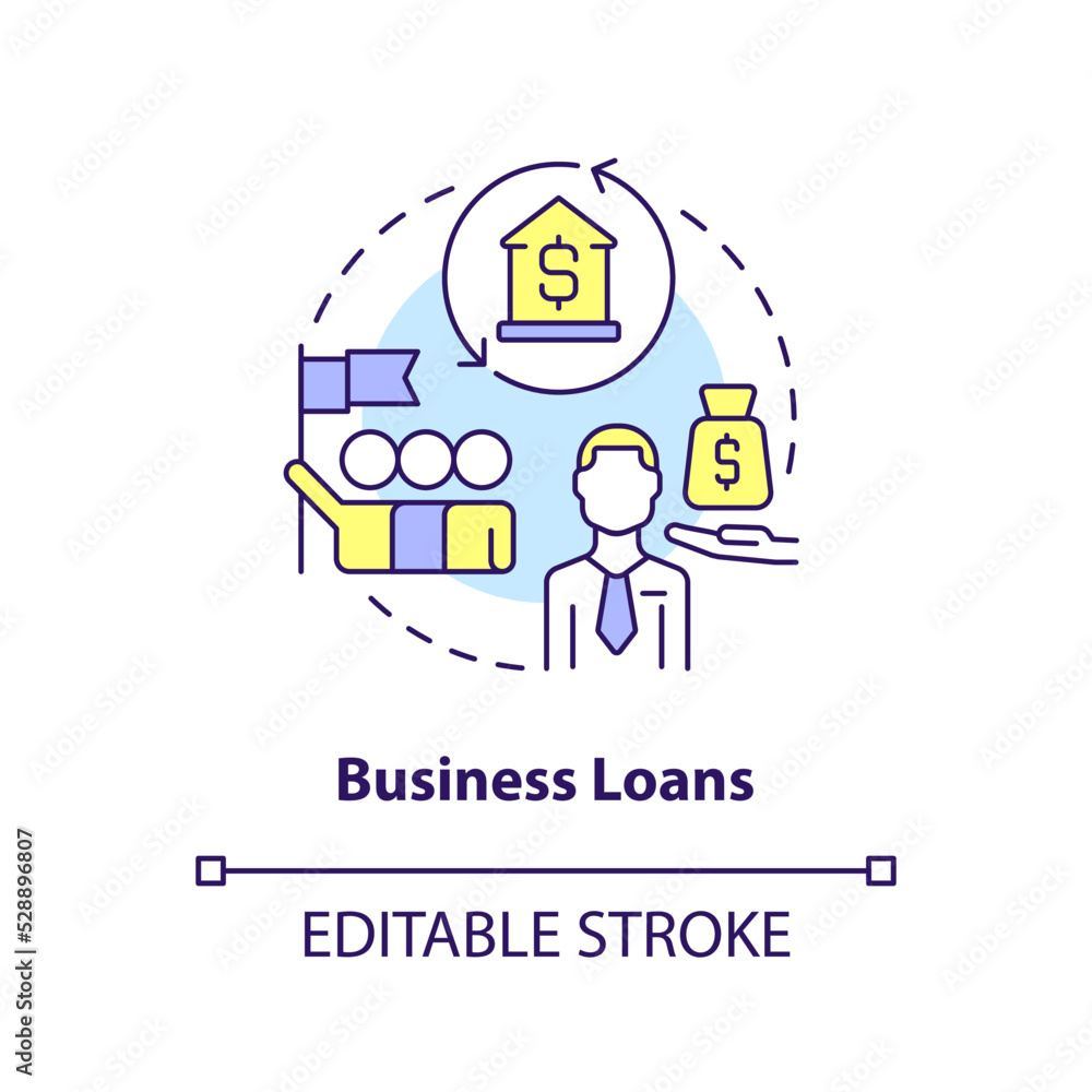 Business loans concept icon. Financial support. Bank offer for entrepreneurs abstract idea thin line illustration. Isolated outline drawing. Editable stroke. Arial, Myriad Pro-Bold fonts used