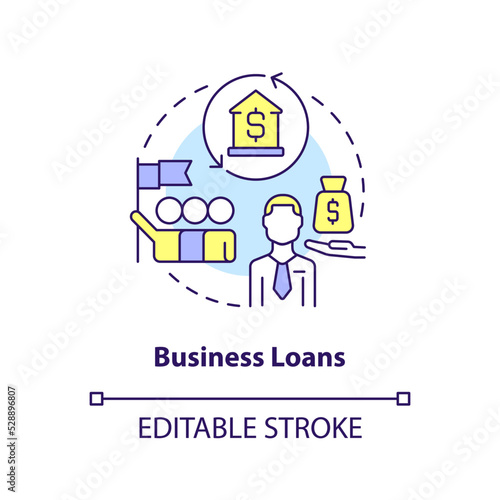 Business loans concept icon. Financial support. Bank offer for entrepreneurs abstract idea thin line illustration. Isolated outline drawing. Editable stroke. Arial, Myriad Pro-Bold fonts used