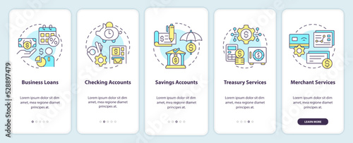Business banking onboarding mobile app screen. Commerce walkthrough 5 steps editable graphic instructions with linear concepts. UI, UX, GUI template. Myriad Pro-Bold, Regular fonts used