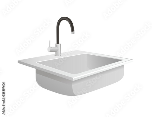 Modern ceramic sink with stainless steel faucet vector illustration isolated on white background household equipment for kitchen or bathroom
