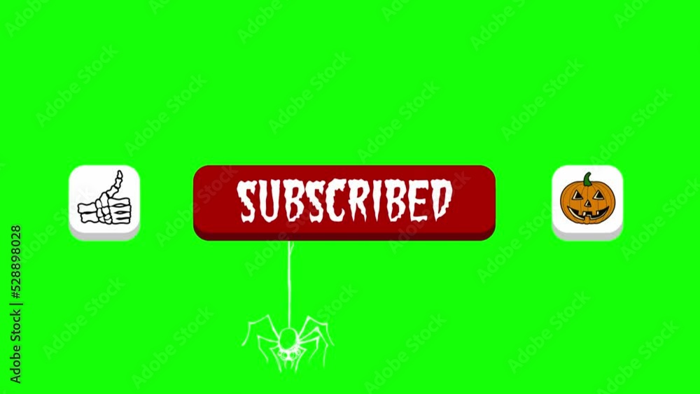 Subscribe Button for Youtube. Halloween Theme. Skeleton hand clicking several Buttons. Thumbs up, red subscribe button with spider moving down and funny pumpkin as bell icon. Greenscreen.