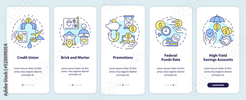 Savings accounts onboarding mobile app screen. Banking service walkthrough 5 steps editable graphic instructions with linear concepts. UI, UX, GUI template. Myriad Pro-Bold, Regular fonts used