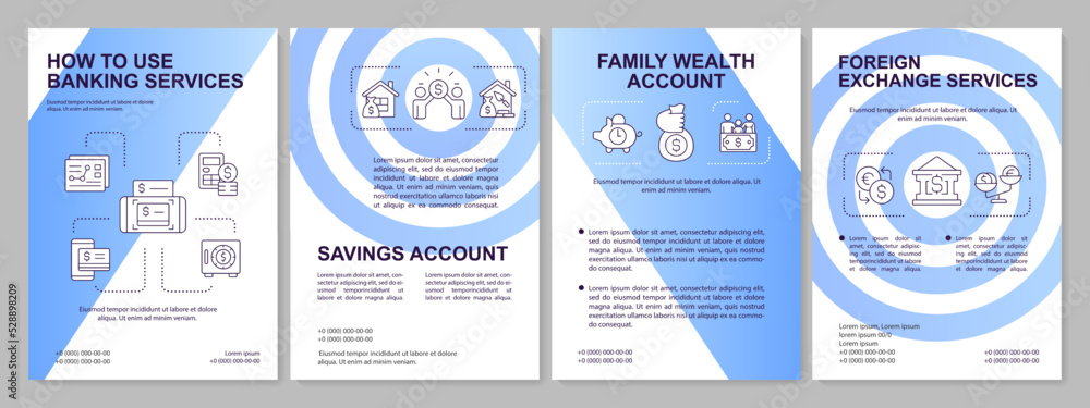 Offers of bank blue brochure template. Financial service. Leaflet design with linear icons. Editable 4 vector layouts for presentation, annual reports. Arial, Myriad Pro-Regular fonts used - obrazy, fototapety, plakaty 