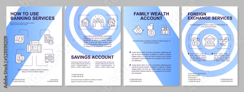 Offers of bank blue brochure template. Financial service. Leaflet design with linear icons. Editable 4 vector layouts for presentation, annual reports. Arial, Myriad Pro-Regular fonts used