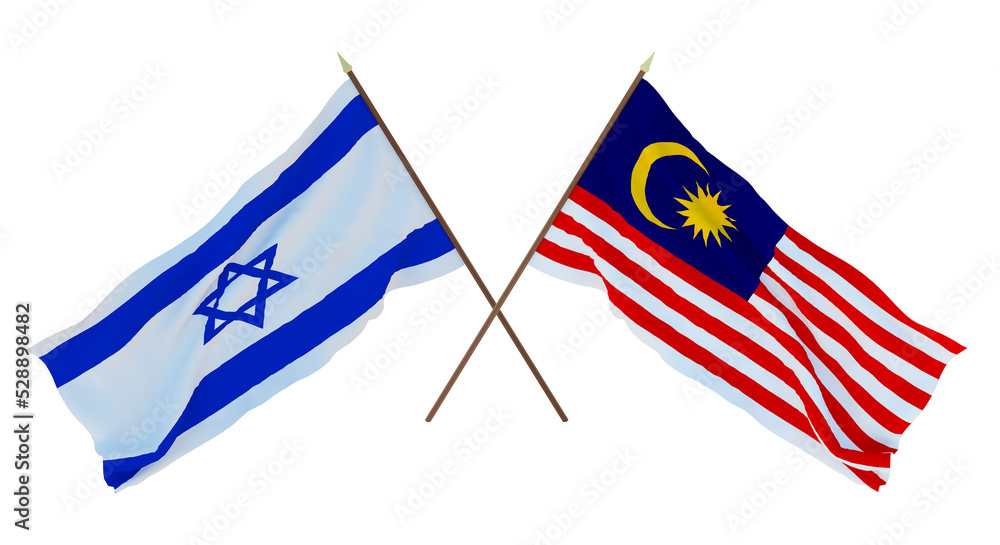 Background, 3D render for designers, illustrators. National Independence Day. Flags Israel and Malaysia