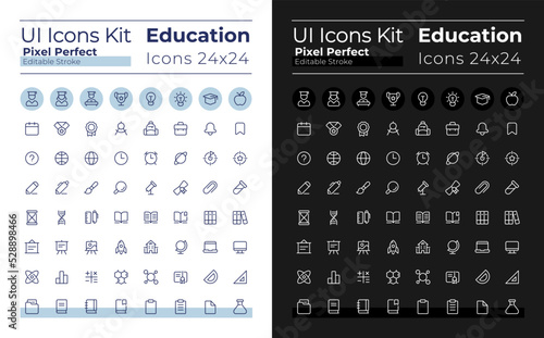 Distance education pixel perfect linear ui icons set for dark, light mode. Elearning. Outline isolated user interface elements for night, day themes. Editable stroke. Montserrat Bold, Light fonts used