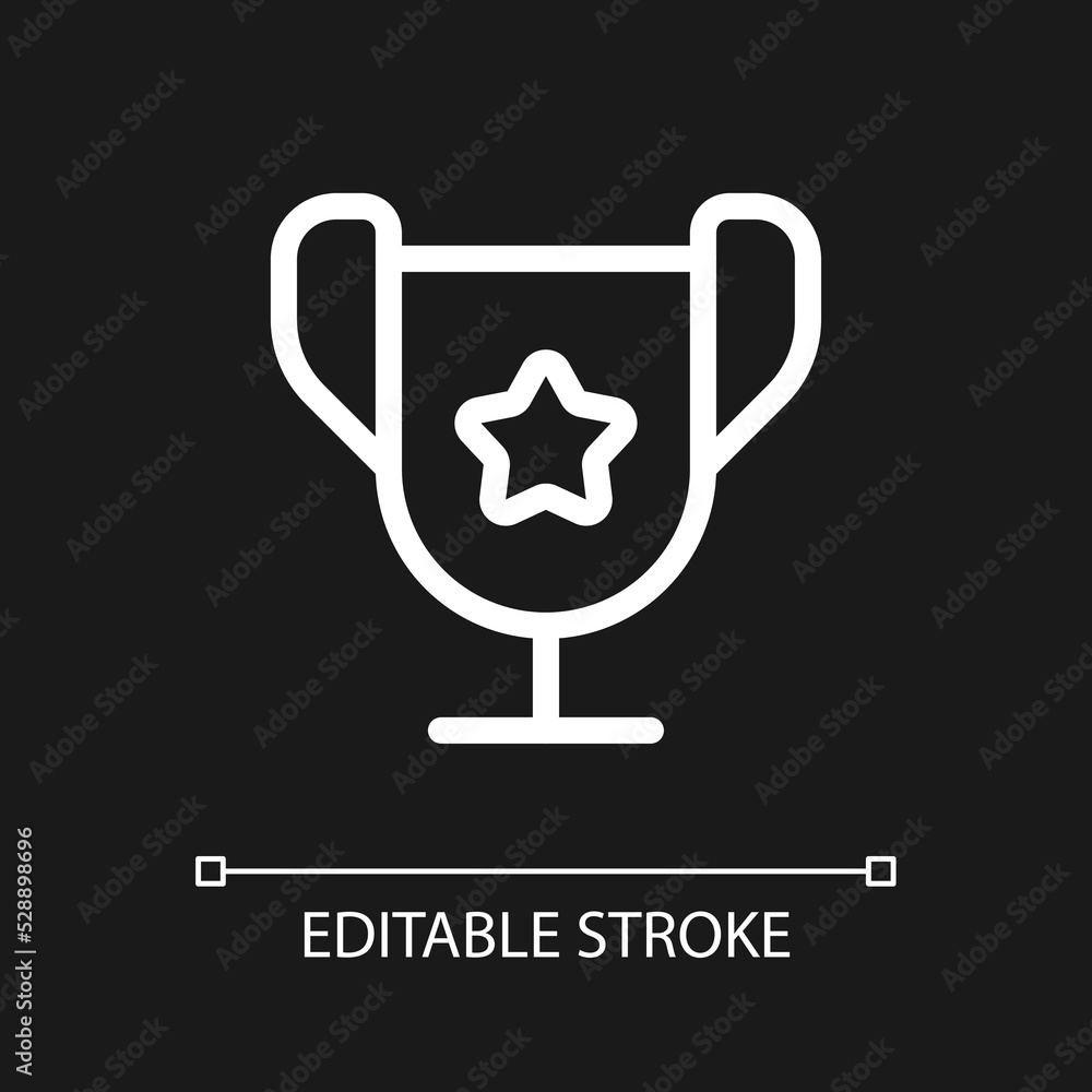 Trophy cup pixel perfect white linear ui icon for dark theme. Outstanding student award. Vector line pictogram. Isolated user interface symbol for night mode. Editable stroke. Arial font used Trophy cup pixel perfect white linear ui icon for dark theme. Outstanding student award. Vector line pictogram. Isolated user interface symbol for night mode. Editable stroke. Arial font used