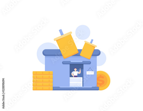 beverage business and SMEs or small and medium enterprises. a shop assistant waving at a booth or shop. cartoon concept illustration. vector design elements. for banners, posters, apps, landing pages