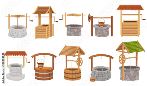 Set of wooden and stone well with rope roof and bucket vector illustration isolated on white background
