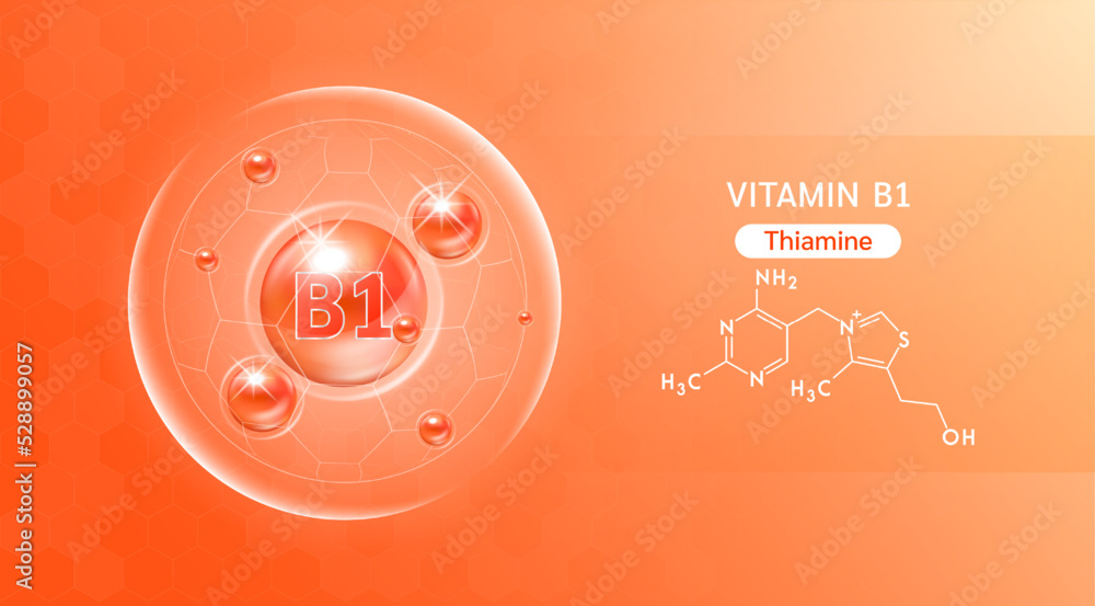 Vitamin B1 orange and structure. Vitamin solution complex with Chemical