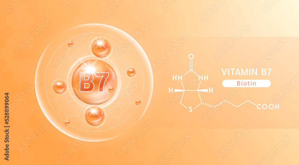 Vitamin B7 orange and structure. Vitamin solution complex with Chemical