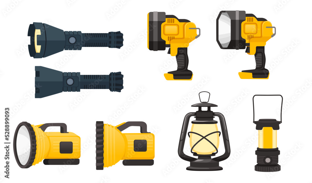 Collection of black and yellow modern led flashlight for tourism camping police or military usage vector illustration isolated on white background Collection of black and yellow modern led flashlight for tourism camping police or military usage vector illustration isolated on white background