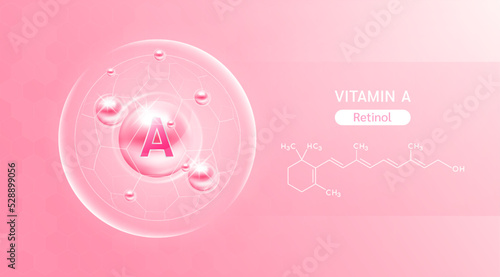 Vitamin A pink and structure. Vitamin solution complex with Chemical formula from nature. Skincare beauty. Medical and scientific concepts. Banner 3D vector EPS10.