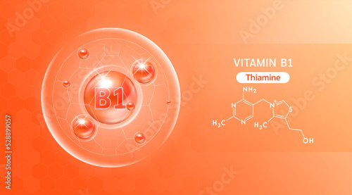Vitamin B1 orange and structure. Vitamin solution complex with Chemical formula from nature. Skincare beauty. Medical and scientific concepts. Banner 3D vector EPS10.