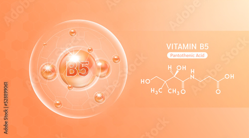 Vitamin B5 orange and structure. Vitamin solution complex with Chemical formula from nature. Skincare beauty. Medical and scientific concepts. Banner 3D vector EPS10.