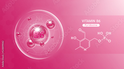 Vitamin B6 purple and structure. Vitamin solution complex with Chemical formula from nature. Skincare beauty. Medical and scientific concepts. Banner 3D vector EPS10.
