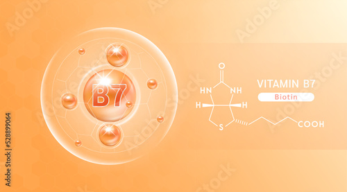 Vitamin B7 orange and structure. Vitamin solution complex with Chemical formula from nature. Skincare beauty. Medical and scientific concepts. Banner 3D vector EPS10.