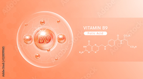 Vitamin B9 orange and structure. Vitamin solution complex with Chemical formula from nature. Skincare beauty. Medical and scientific concepts. Banner 3D vector EPS10.