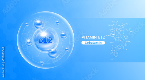 Vitamin B12 blue and structure. Vitamin solution complex with Chemical formula from nature. Skincare beauty. Medical and scientific concepts. Banner 3D vector EPS10.