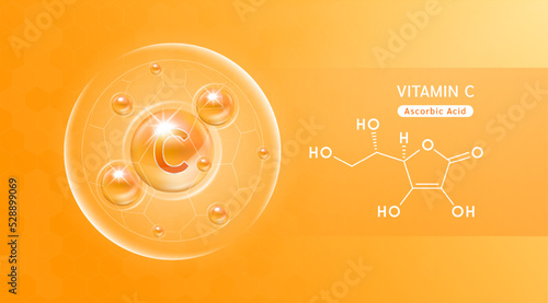 Vitamin C orange and structure. Vitamin solution complex with Chemical formula from nature. Skincare beauty. Medical and scientific concepts. Banner 3D vector EPS10.