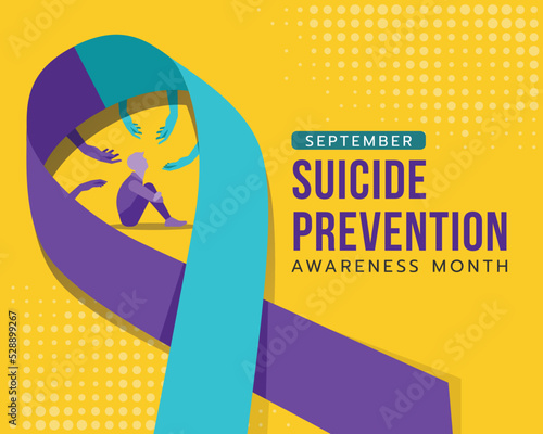 Suicide prevention awareness month - hand of hope to human depression in suicide awareness prevention ribbon sign on yellow background vector design