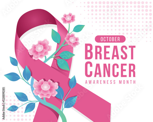 Breast cancer awareness month - pink ribbon with pink flower plant roll around vector design