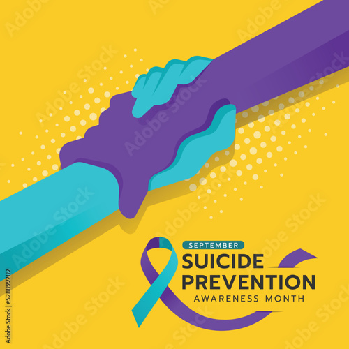 Suicide prevention awareness month text and suicide awareness prevention ribbon sign and hand hold hand care sign on yellow background vector design photo