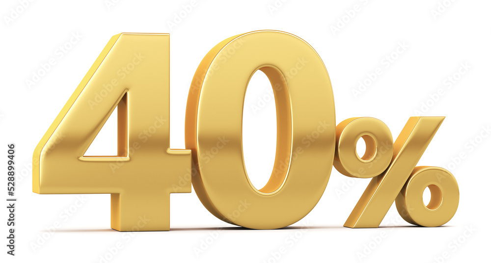 Gold percent isolated on white background. 40% off on sale. Illustration for business ideas. 3d rendering. Gold percent isolated on white background. 40% off on sale. Illustration for business ideas. 3d rendering.