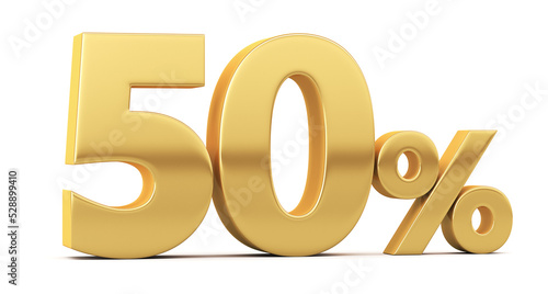 Gold percent isolated on white background. 50% off on sale. Illustration for business ideas. 3d rendering.