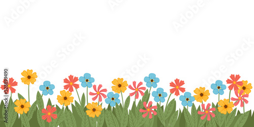 Simple different colored flowers bed with green grass and leaves vector illustration on white background