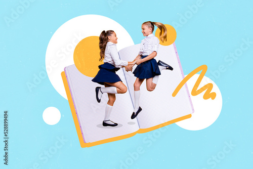 Photo artwork minimal picture of happy funky small kids holding arms isolated drawing background