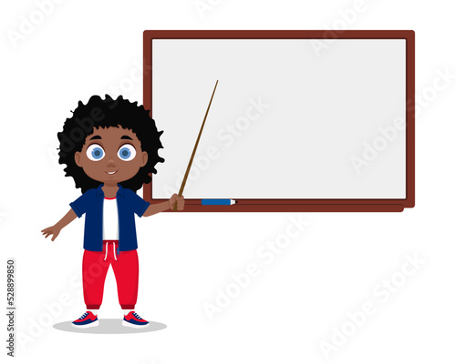 A schoolboy with a pointer at a white board, without an inscription. Vector illustration