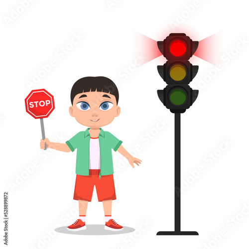 Child with stop sign. The traffic light shows a red signal. Vector illustration