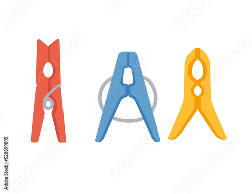 Set of three plastic clothes pegs yellow blue and red color vector illustration isolated on white background