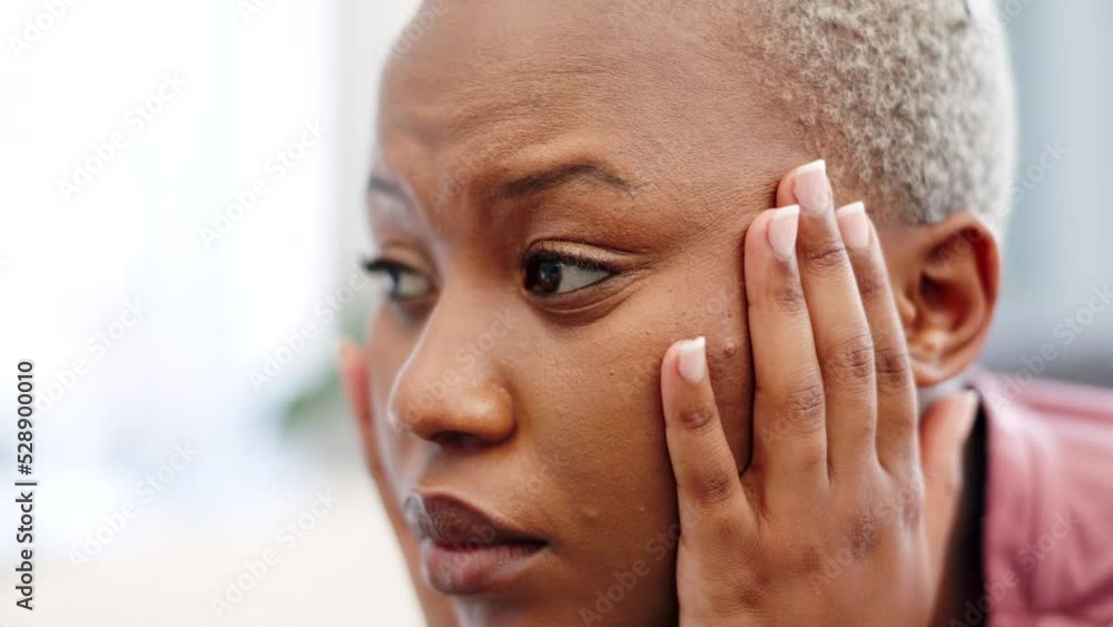 Tired African woman with headache in home, stress from mental health problem and depression after divorce in house. Sad, anxiety and fear person thinking of tax debt, marriage fail and mistake Tired African woman with headache in home, stress from mental health problem and depression after divorce in house. Sad, anxiety and fear person thinking of tax debt, marriage fail and mistake