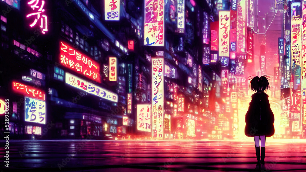Silhouette of a teenager in anime style. Downtown sci-fi concept at night with skyscraper, highway and billboards. 3D render.
