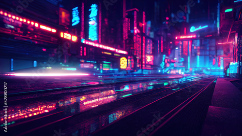 Futuristic cyberpunk city with blue and pink light trail. Concept sci fi downtown at night with skyscraper, highway and billboards. 3D illustration.