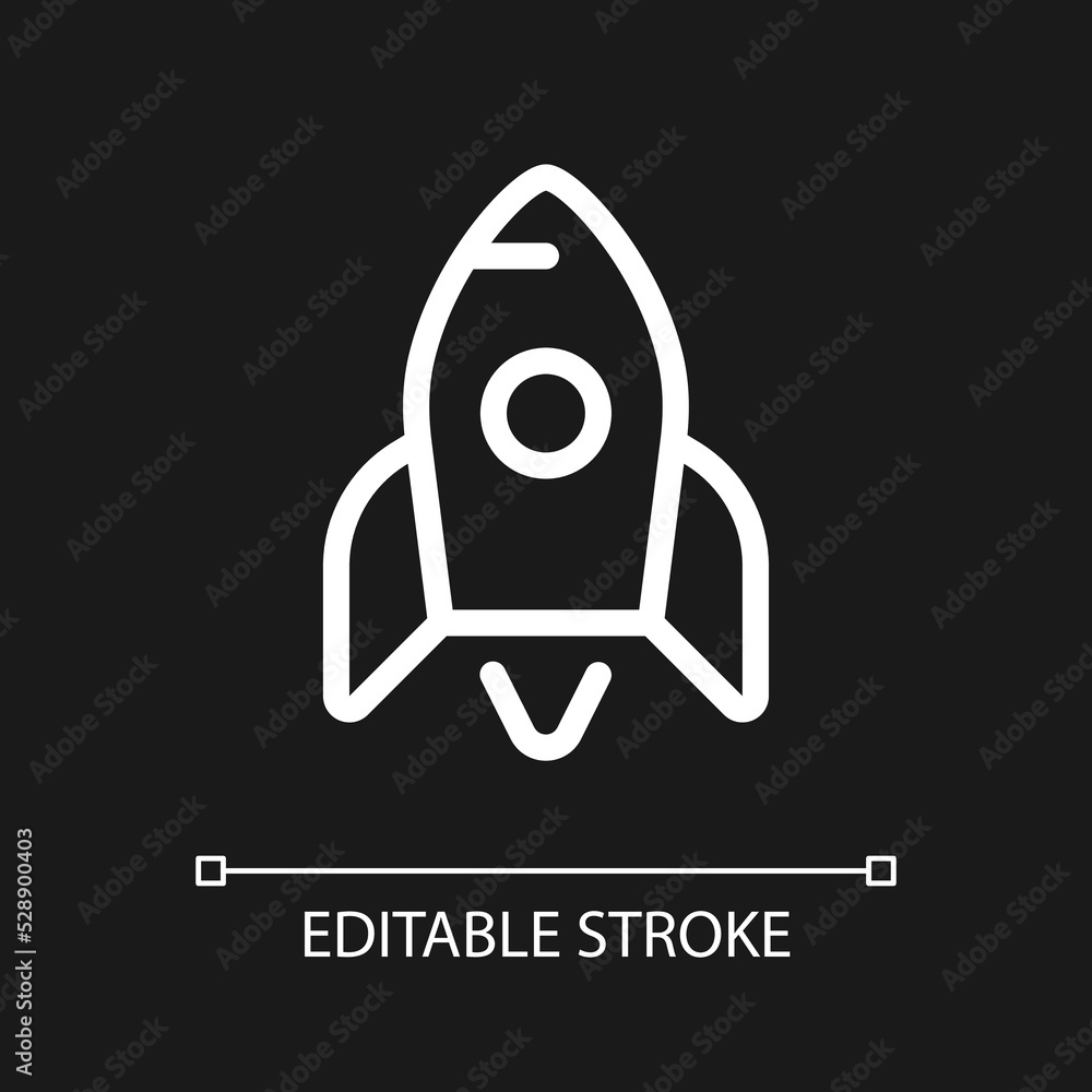 Rocket pixel perfect white linear ui icon for dark theme. Startup success. Launching spacecraft. Vector line pictogram. Isolated user interface symbol for night mode. Editable stroke. Arial font used Rocket pixel perfect white linear ui icon for dark theme. Startup success. Launching spacecraft. Vector line pictogram. Isolated user interface symbol for night mode. Editable stroke. Arial font used